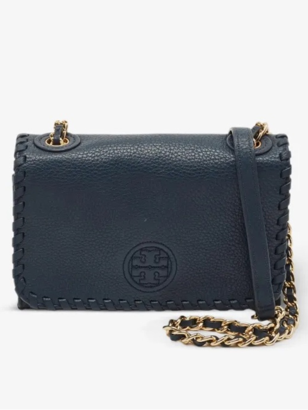Tory Burch Navy Leather Whipstitch Chain Crossbody